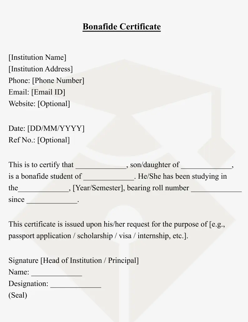 Student Bonafide Certificate Format