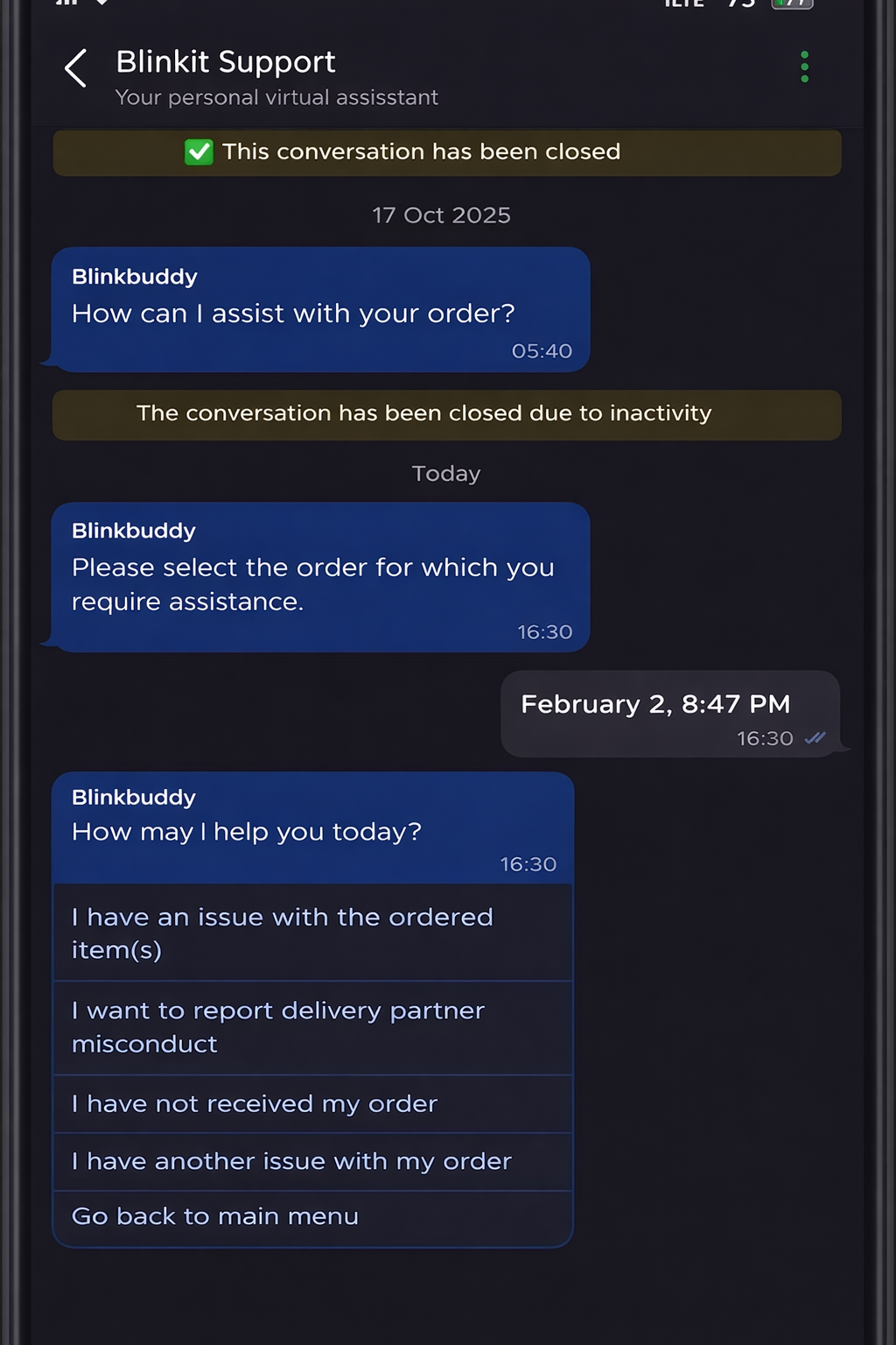 Blinkit customer support tab